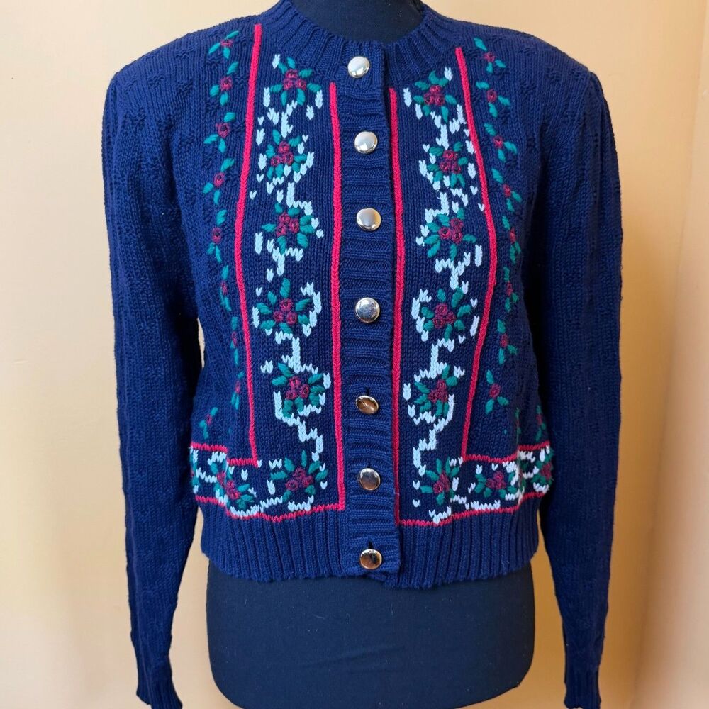 Vintage 90s Cardigan Sweater S Navy Holiday Floral Chunky Knit Grandmacore
